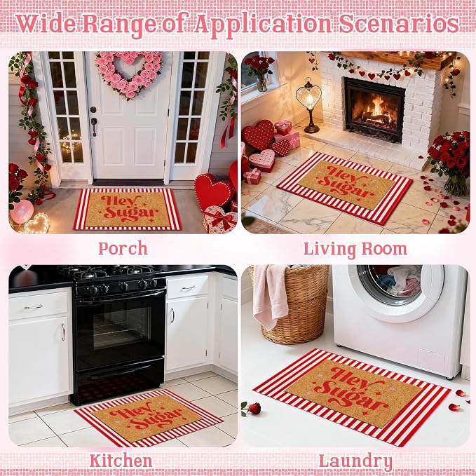 2 Pcs Hey Sugar Door Mat, Valentine Door Mat Valentines Day Welcome Mat Non Slip Coir Doormat Red and White Striped Mat Layering Doormats for Home Bathroom Front Porch Entryway Decor 24"x 32"