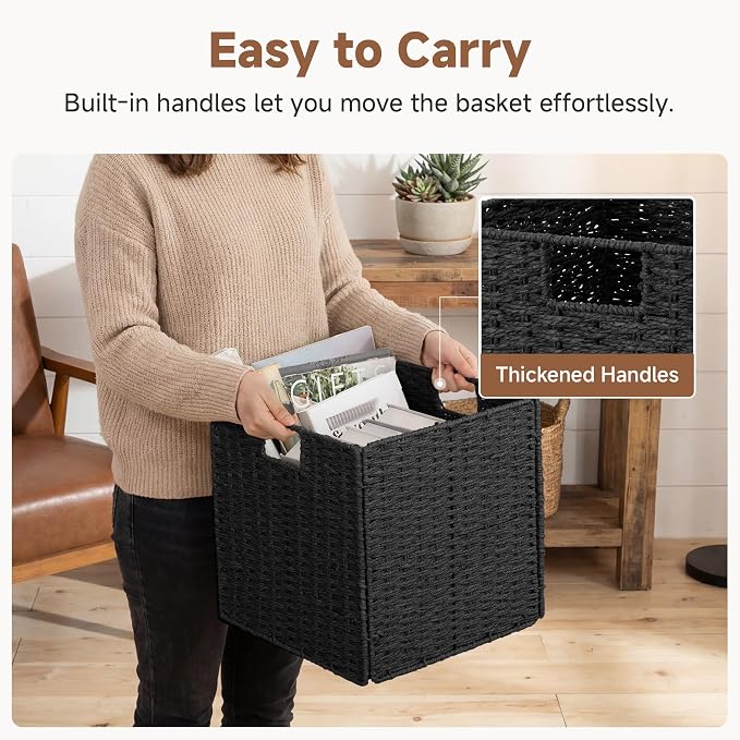StorageWorks 13 inch Black Wicker Baskets for Storage,Foldable Black Basket | 2-Pack,Handwoven Wicker Storage Baskets for Organizing,Square Storage Cubes,Black Storage Bins,Paper Rope Square Baskets