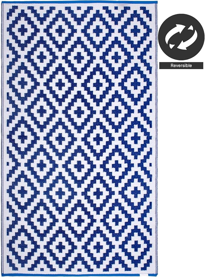 FH Home Outdoor Camping Rug - Waterproof, Fade Resistant, Reversible - Premium Recycled Plastic - Geometric - Large Patio, Deck, Sunroom, RV - Aztec - Blue & White - 9 x 12 ft Foldable