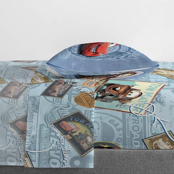 Jay Franco Disney Pixar Cars Lightning McQueen Twin Sheet Set - 3 Piece Kids Race Car Bedding, Super Soft Microfiber, Deep Pocket, Machine Washable, Fade Resistant, Blue (Official Disney Product)