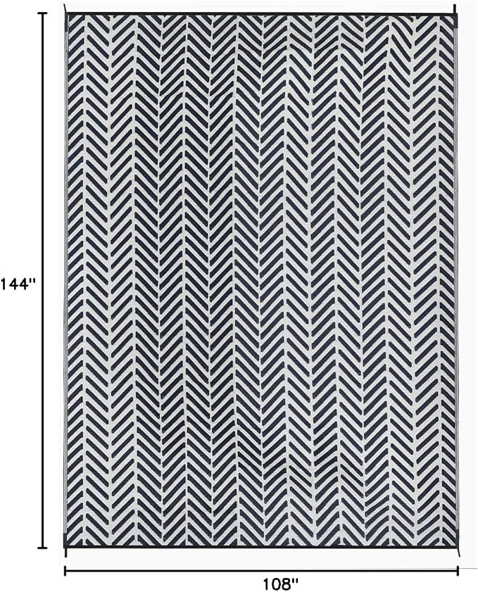 FH Home Outdoor Camping Rug - Waterproof, Fade Resistant, Reversible - Premium Recycled Plastic - Herringbone - Large Patio, Deck, Sunroom, RV - Fresno - Navy - 9 x 12 ft Foldable