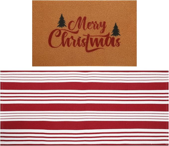 2 Pcs Outdoor Door Mat Combo Set Layered Outdoor Rug and Coir Welcome Doormat Non Slip Outside Floor Mat for Front Porch Entryway Patio Yard Decor(Christmas Tree,24'' X 51',18'' X 28'')