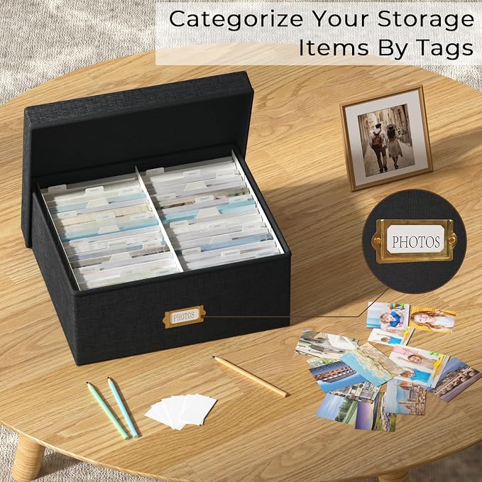 Decorative Photo Storage Box, Linen Photo Box Holds 1700 4x6 Pictures Black | Photo Storage Containers with 8 Dividers, Memory Keepsake Organizer for Photos, Scrapbook Supplies, Cards, Stamps,Archive Box