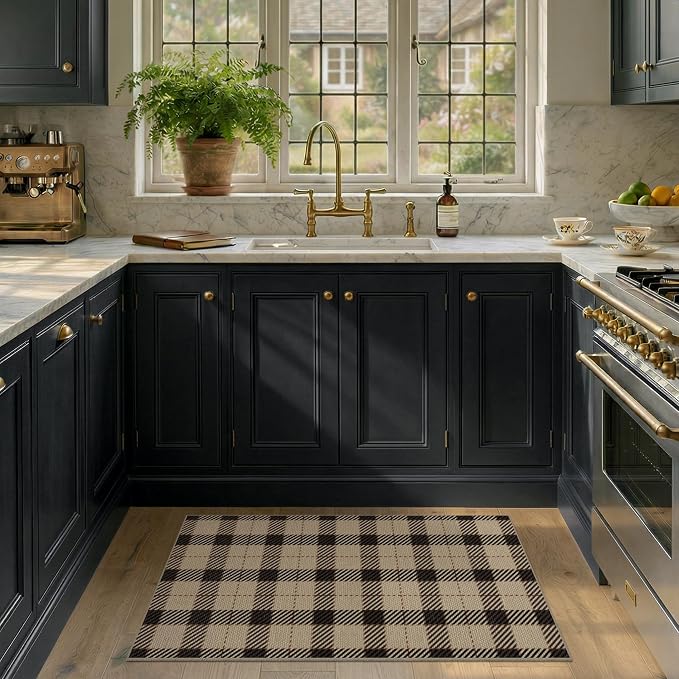 Entryway Rug 2x4, Easy Jute Indoor Outdoor Rug, Washable Non Slip Brown Black Plaid Door Mat, Low Profile Farmhouse Rug for Front Door, Front Porch, Kitchen, Mudroom