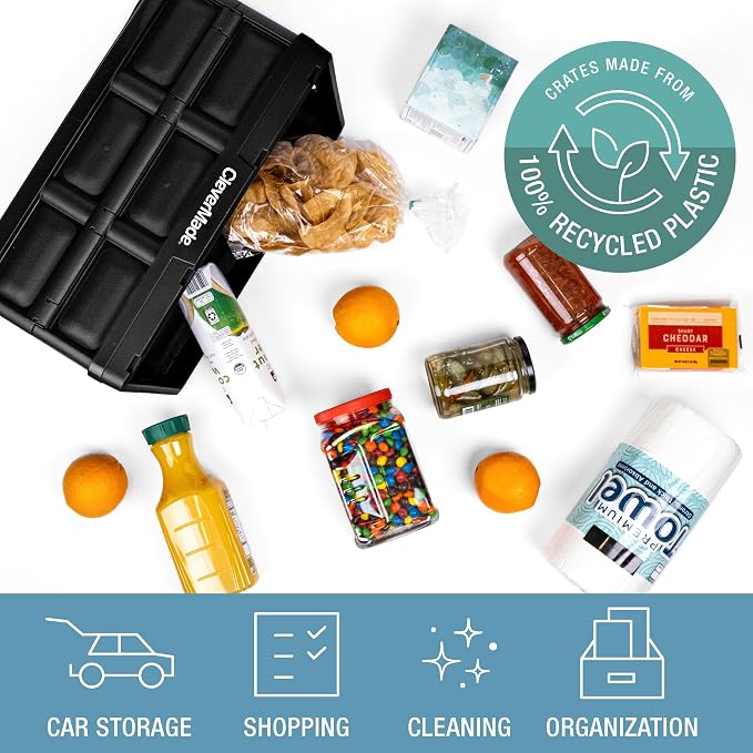 CleverMade Collapsible Storage Bins, 32L, 3 Pack, Obsidian | Reinforced plastic handles groceries, tools, and sports gear. Interlocking bins stack open and nest compactly when folded.