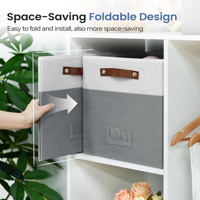 FinishingBo 13 inch Storage Bins with Labels 6 Pack | PU Leather Handles, Foldable Storage Cubes, Storage Baskets, Closet Storage, White/Dark Grey