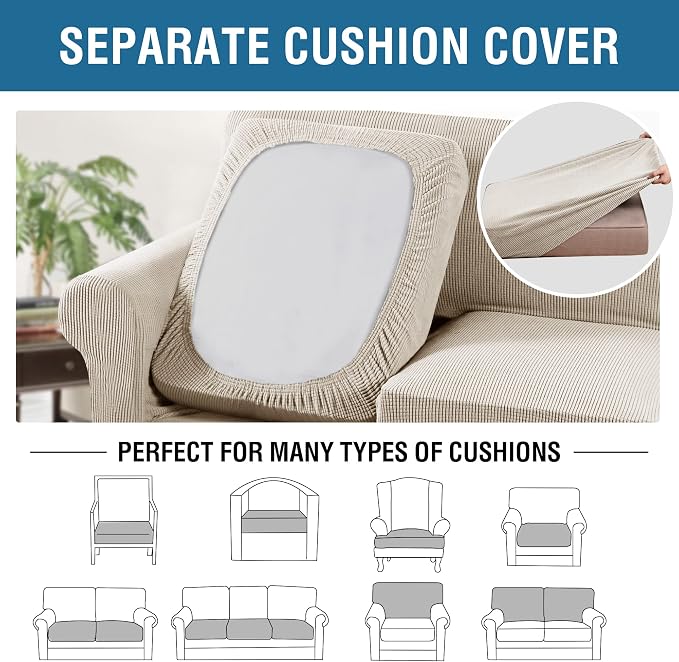 H.VERSAILTEX 4 Piece Stretch Sofa Covers for 3 Cushion Couch Covers for Living Room Furniture Slipcovers (Base Cover Plus 3 Seat Cushion Covers) Thicker Jacquard Fabric (XL Sofa, Island Fossi)