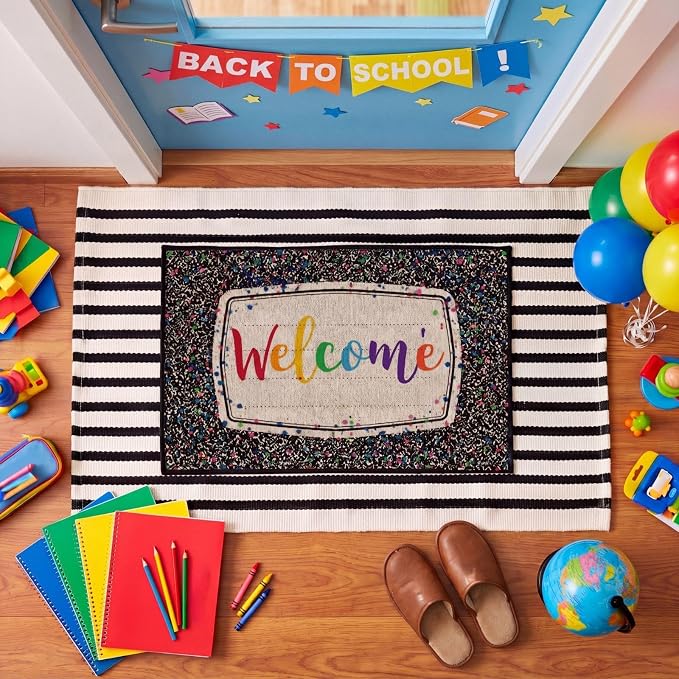 Moucuny 2 Pcs Classroom Doormats Set, Composition Notebook Crystal Velvet Mat Non-Slip Teacher Doormat, Black and White Rug Educational Area Decor for Kindergarten Primary School