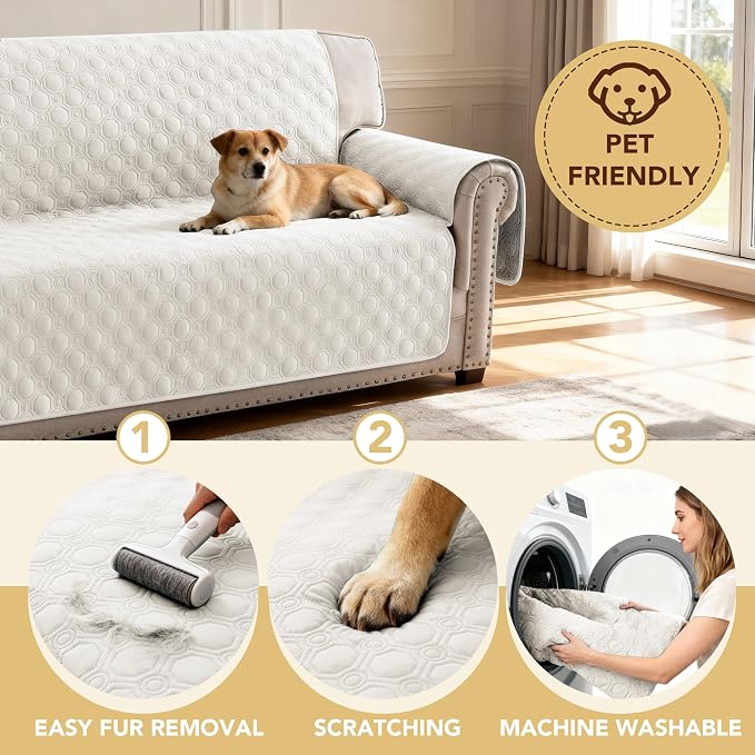 H.VERSAILTEX 100% Waterproof Loveseat Covers Thick Durable Couch Covers for Dogs Triple Non-Slip Couch Protector Sofa Covers for Pets Washable(Loveseat, Beige)