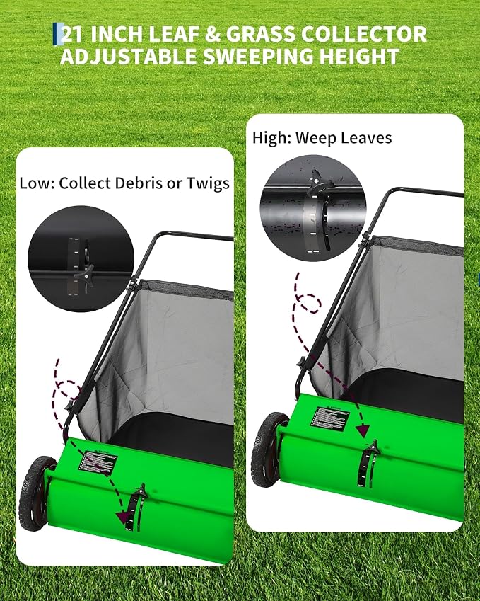 Garvee 21 Inch Push Lawn Sweeper, 3.5 Cu. Ft. Hopper Capacity Grass Sweeper, Manual Push Yard Sweeper with Height Adjustment & 4 Fast Spinning Brushes for Grass Clippings, Leaves & Debris, Green