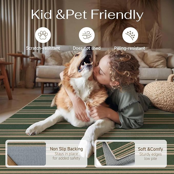 PureCozy Striped Easy Jute Rug 8x10 Green Living Room Carpet Washable Non Slip Bedroom Office Rug Farmhouse Neutral Non Shedding Indoor Outdoor Large Carpet for Kitchen Dining Room