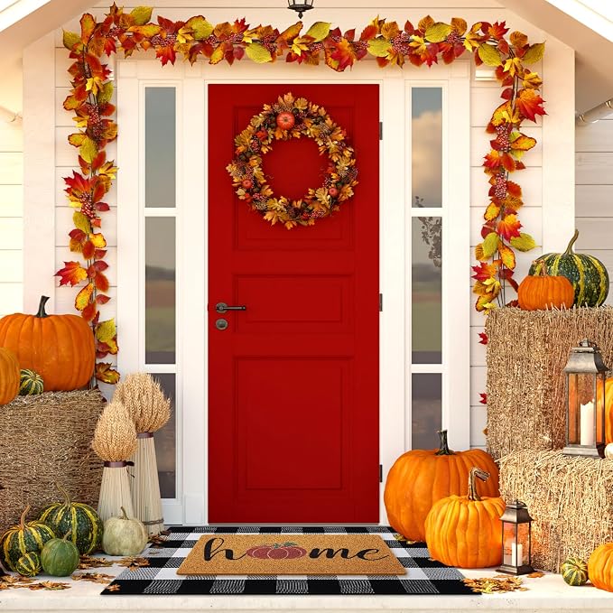Geelin 2 Pcs Fall Front Door Mat Welcome Mat Outdoor Decorative Doormat Non Slip Buffalo Checkered Rug for Indoor Outdoor(Home Pumpkin)