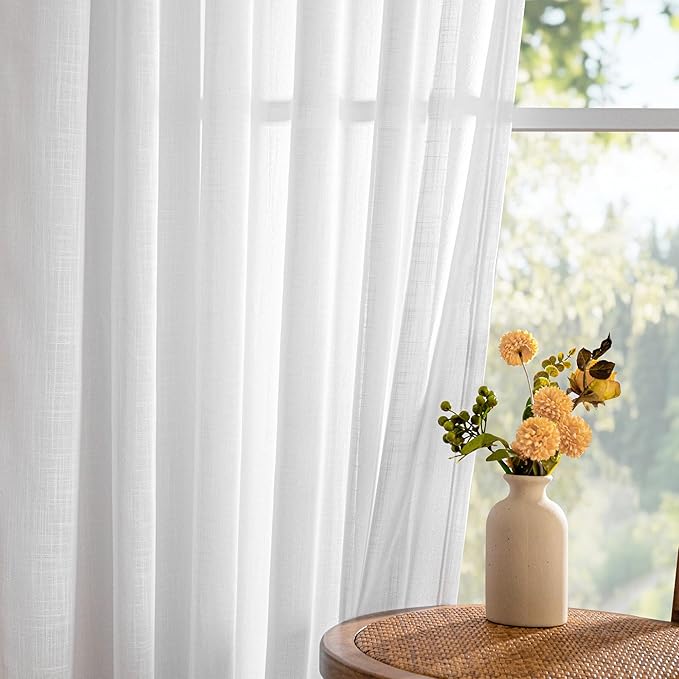 MYSKY HOME White Linen Curtains 96 Inches Long for Sliding Glass Door Semi Sheer Curtains Light Filtering Drapes Living Room Window Treatment Soft Boho Farmhouse Style, Pure White, 50" x 96", 2 Panels