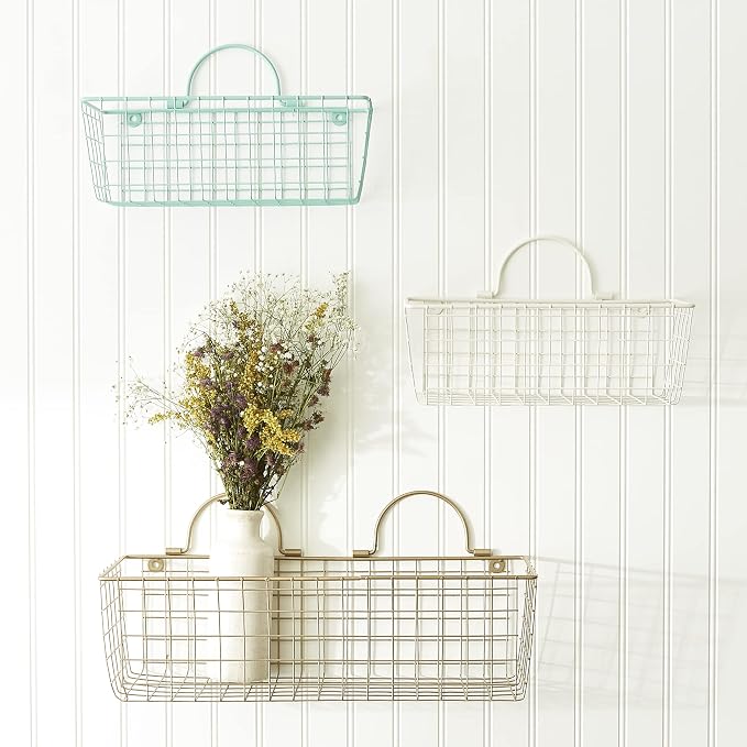 DII Farmhouse Vintage Decor, Wire Wall Basket, Medium, Aqua, 2 Piece