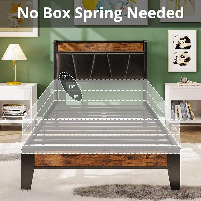 LIKIMIO Twin XL Bed Frames, Storage Headboard with Charging Station, Solid and Stable, Noise Free, No Box Spring Needed, Easy Assembly (Vintage and Black)