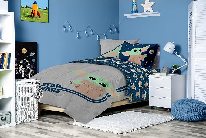 Star Wars Mandalorian Grogu Full Size Comforter Set 7 Piece Bedding, Gray | Baby Yoda, Bed in a Bag, Comforter Sheets Shams Pillowcases, Official Brand, Soft Microfiber, Machine Washable, Kids Gift