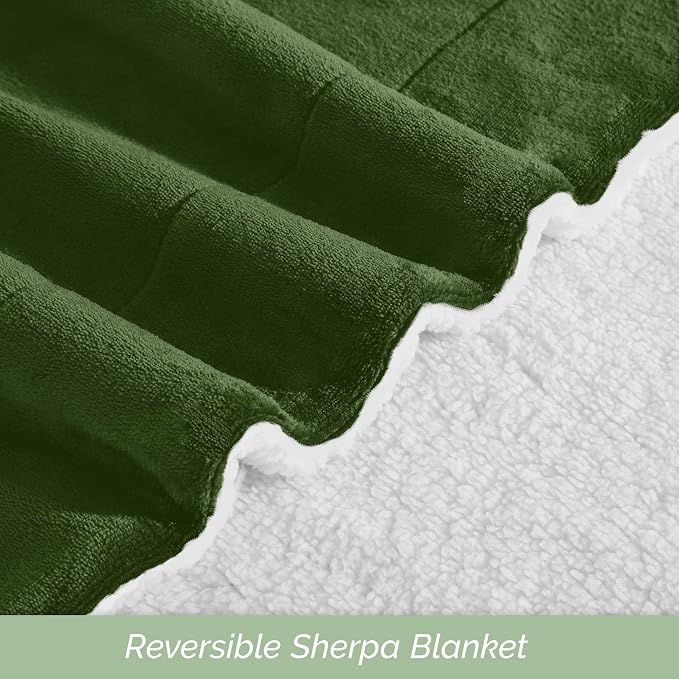 Elegant Comfort Ultra Soft Reversible Flannel Sherpa Blanket - Cozy Silky Fleece Throw for Couch, Bed - Plush Fuzzy Warm Winter Blanket for Gift, Full, Sage