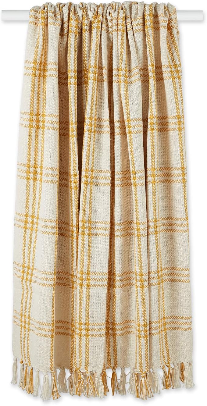DII Modern Farmhouse Plaid Collection Cotton Fringe Throw Blanket, 50x60, White/Honey Gold