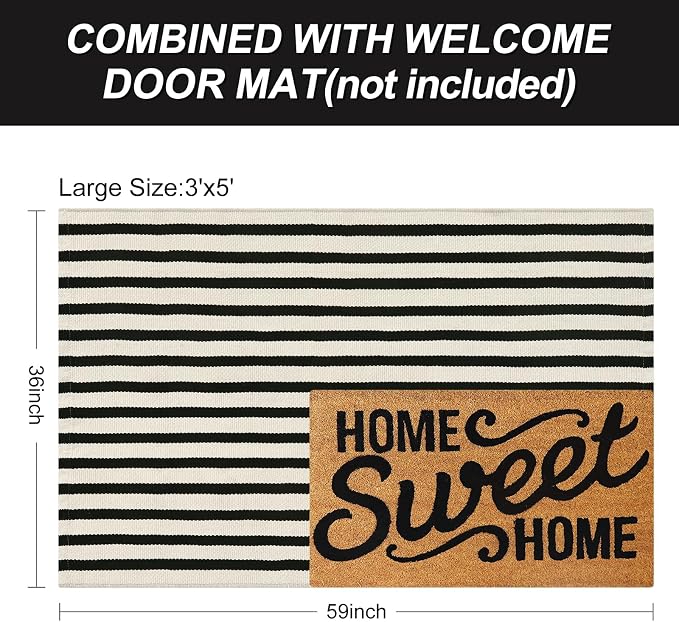 LEEVAN 3'X5' Black and White Striped Woven Cotton Reversible Outdoor Rug | Small Machine Washable Front Porch Rug, Entryway Door Mat, Indoor Layering Carpet for Farmhouse Bathroom Laundry
