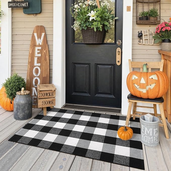 KIMODE Front Door Mat Buffalo Plaid Outdoor Rug 27.5"x43" Black and White Checkered Rug Farmhouse Front Porch Rug Outdoor Fall Decor Cotton Woven Washable Layered Door Mats