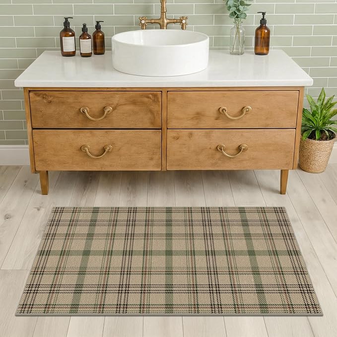 2x4 Entryway Door Mat Indoor Outdoor– Washable Non Slip Small Rug for Front Door, Back Door, Kitchen Sink, Mudroom, Garage Entry, Low Profile Easy Clean Farmhouse Cottage Plaid Runner