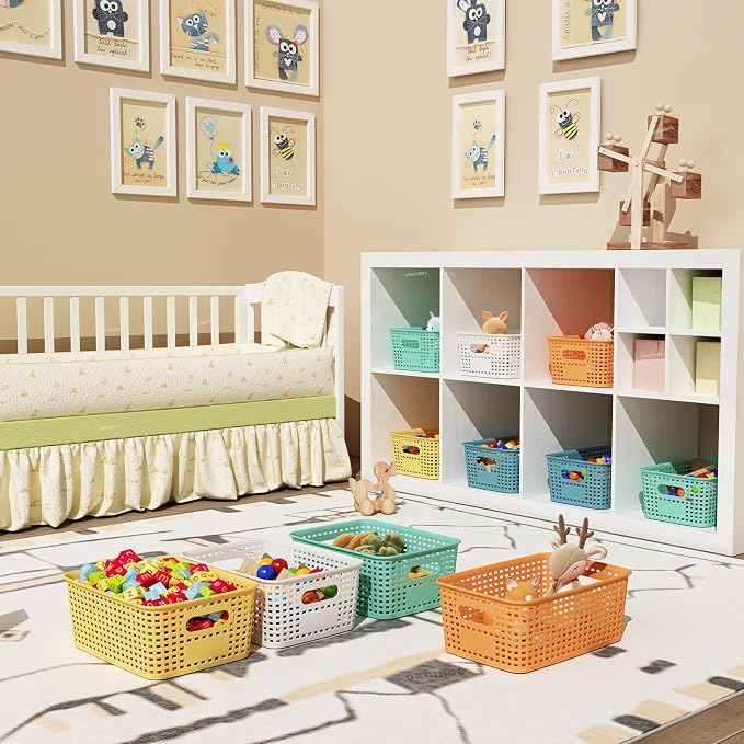 ORGIDOL Colorful Plastic Storage Baskets Bins for Home Organizing, 10 Pack | Space-Saving Storage Container with Handles, Multi-Purpose Storage Box, for Cabinet, Shelve, Countertop, Closet, Classroom