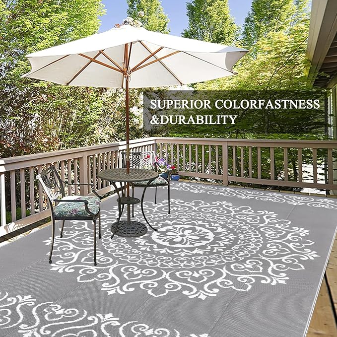Pauwer Waterproof Outdoor Rug 8x10, Reversible Plastic Straw Patio Camping Rug, Indoor Outdoor RV Mat Carpet for Deck, Camper, Porch, Balcony, Backyard, Picnic, Floral Grey | Reversible Patio Rug, UV Resistant Indoor Outdoor RV Mat Carpet For Deck, Cam...