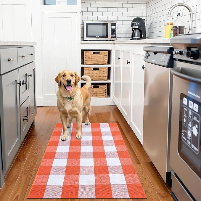 OLANLY Buffalo Plaid Rug 4' x 6' | Orange and White Cotton Checkered Doormat, Washable Indoor Outdoor Rug for Layered Front Porch, Kitchen, Entryway Decor