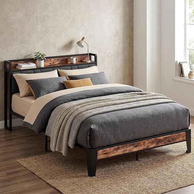 LIKIMIO Full Bed Frame, Storage Headboard with Charging Station, Solid and Stable, Noise Free, No Box Spring Needed, Easy Assembly