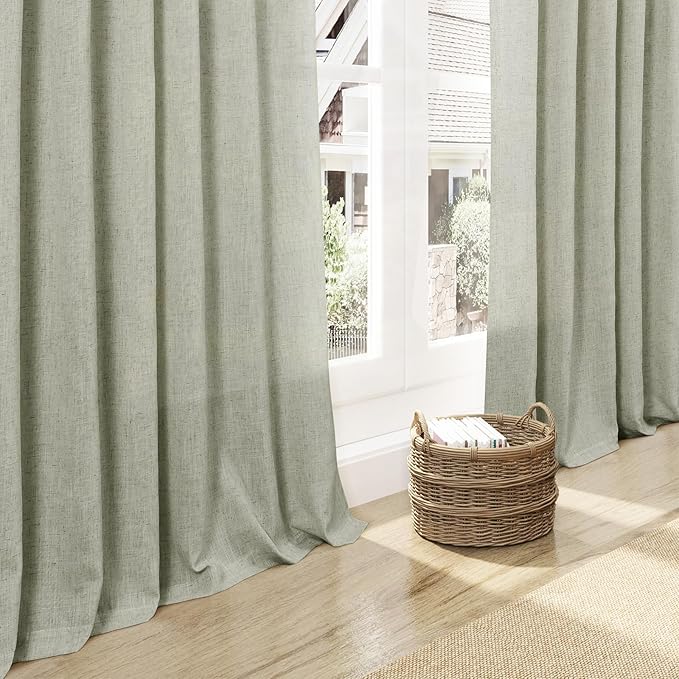 Nanspring Sage Green Curtains 132 Inches Long 2 Panels for Living Room Back Tab Rod Pocket Semi Sheer Linen Drapes Neutral Sage Room Decor Green Curtain Ceiling to Floor Length for Dining Room 52x132