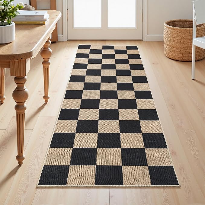 EDIMENS 2x6 Checkered Easy Jute Washable Kitchen Indoor Outdoor Runner Rug | Non Slip Front Door Runner Rug for Laundry Balcony Low Pile Rugs Black Checkerboard Carpet for Hallway 6ft Entry