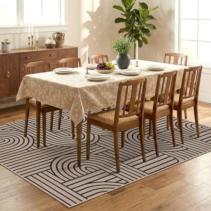 COZYLOOM 5x7 Waterproof Outdoor Patio Rug, Abstract Geometric Striped Easy Jute Rugs for Living Room, Non Slip Non Shedding Modern Area Rug for Entryway, Bedroom, Dining Room, Porch, Natural Color