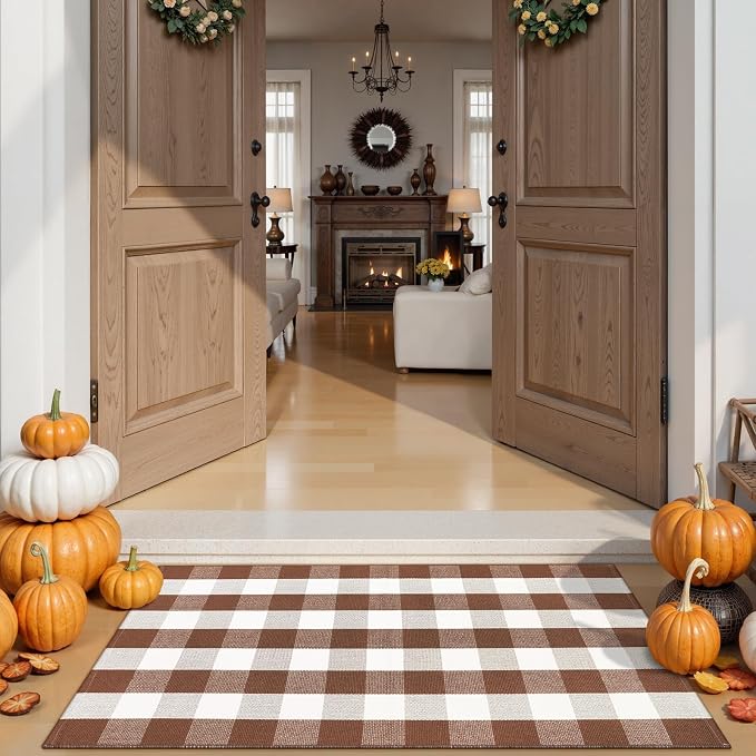 Buffalo Plaid Checkered Rug Fall Washable Outdoor Rug 3'x5' Front Door Mat | Small Porch Rug Carpet Cotton Door Mat Outside Entrance Autumn Layered Doormats for Patio Farmhouse Entryway Kitchen Foyer