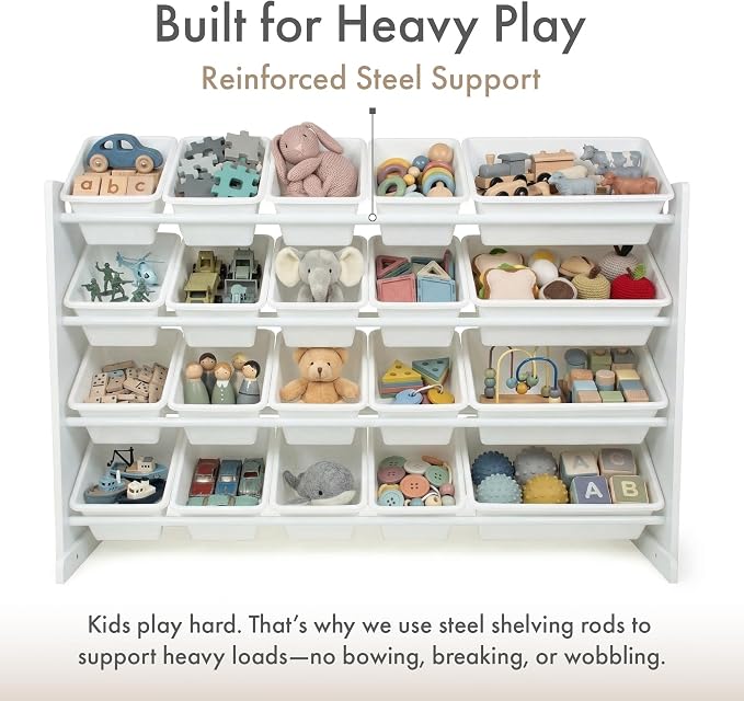 Humble Crew Kids Toy Organizer with 20 Bins, 4 Tier Storage for Playroom | Sturdy wood and steel toddler shelf, removable BPA-free containers, wall anchor anti-tip safety kit for bedroom or classroom