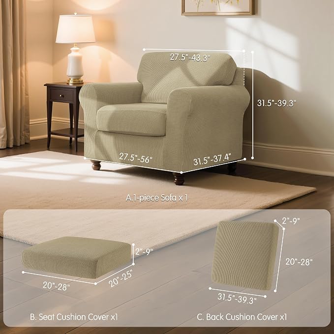 SUBRTEX 3 Pieces Stretch Sofa Slipcover Sets Couch Cover Sets Backrest Cushion Covers Furniture Protector Collection Set for Oversize Sofa Loveseat Chair Slip Covers(Small, New Kahki)