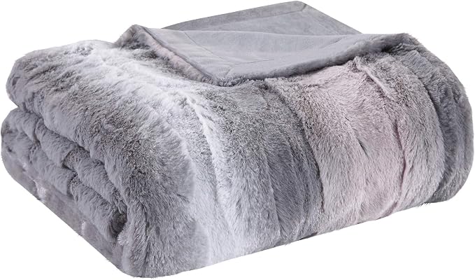 Madison Park Zuri Faux Fur Reversible Throw Blanket, 50 x 60 in, Blush/Grey | Oversized Soft Plush, Luxury, Animal Stripes, Mink Reverse, Modern, All Season, for Bed Sofa Couch, OEKO-TEX Certified
