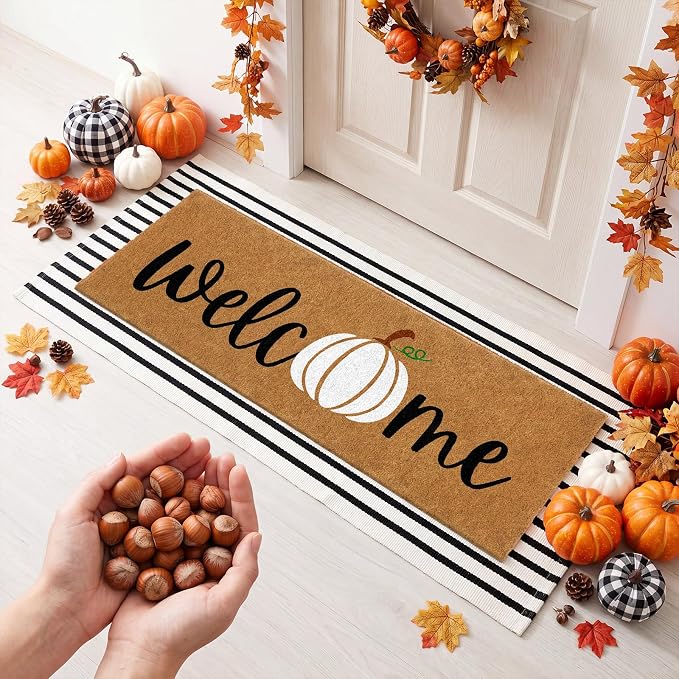 Moucuny 2 Pcs Fall Coir Doormat Set 16"x47" Pumpkin Coir Welcome Mat with 22"x56" Black White Striped Layered Rug, Non-Slip Fall Outdoor Entrance Mats for Thanksgiving Autumn Front Door Porch Decor