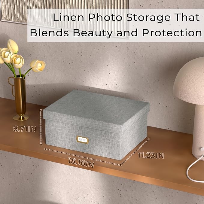 Decorative Photo Storage Box, Linen Photo Box Holds 1700 5x7 Pictures Grey | Photo Storage Containers with 8 Dividers, Memory Keepsake Organizer for Photos, Scrapbook Supplies, Cards, Stamps,Archive Box