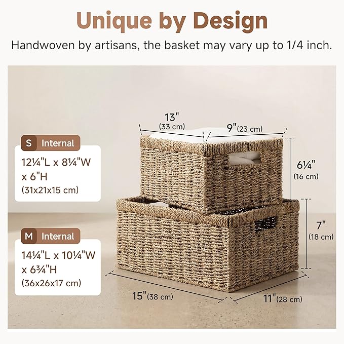 StorageWorks Wicker Storage Baskets,Natural Seagrass Storage Baskets,2-Pack | Seagrass Baskets for Storage,Seagrass Woven Storage Baskets with Built-i Handles,Decorative Woven Baskets for Storage
