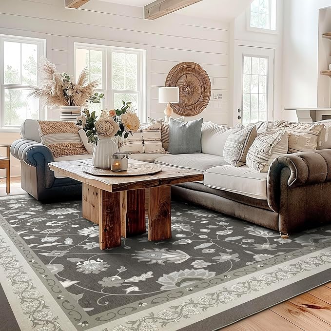 EVERGRACE Area Rugs for Living Room 9x12, Boho Floral Faux Wool Indoor Outdoor Rugs, Washable Rugs for Bedroom Dining Room Entryway Kitchen, Low Pile Floor Mat Carpet for Home Decor, Ebony Black