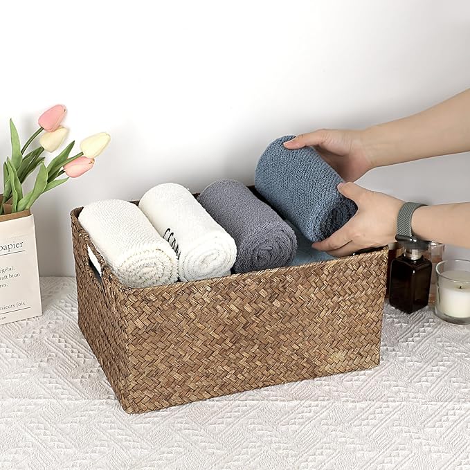 Hipiwe Wicker Storage Bin Handwoven Opened Baskets for Shelf Organizing | Rectangular Decorative Basket, Seagrass Closet Bedroom Organizer Bin Box Multipurpose Storage Basket with Handle