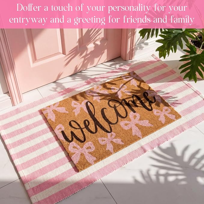 2 Pcs Outdoor Door Mat Combo Set Layered Outdoor Rug and Coir Welcome Doormat Non Slip Outside Floor Mat for Front Porch Entryway Patio Yard Decor(Cute Pink Bow,24'' X 51',18'' X 28'')
