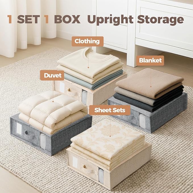 Sheet Organizers and Storage for Linen Closet, 4Pack Beige | 1200D Linen-Type Cloth, Fits King and Queen Sheet Sets, Clear Window and Label Slot, Foldable Dustproof Storage with Handle