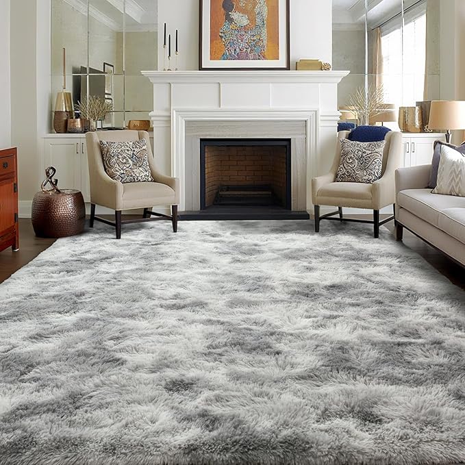 6x9 Ft Large Shag Rugs for Living Room Decor, Tie-Dyed Ultra Soft Fluffy Furry Area Rugs for Bedroom Indoor Floor, Aesthetic Carpet for Kids Home (Grey)