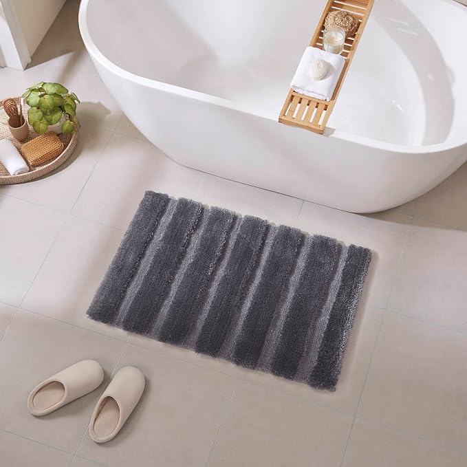 Madison Park Tufted Pearl Channel Absorbent Bathroom Rugs Non Slip Washable Bath Mat Shaggy Rugs For Bathroom Bedroom Plush Thick Soft Machine Wash Rubber Back Grey 17x24" 1 Piece