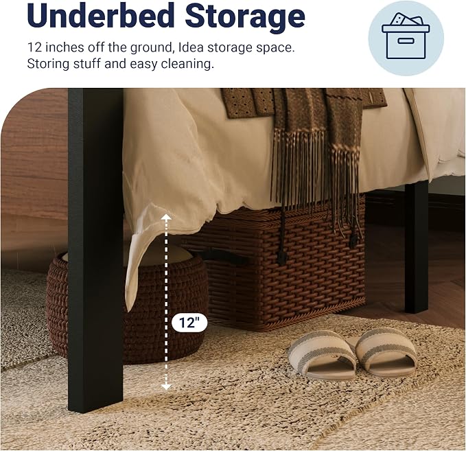 Allewie Twin Size Bed Frame, Heavy Duty 12 Metal Slats Support, Walnut | Wooden Headboard and Footboard, Modern Platform Bed, No Box Spring Needed, Under-Bed Storage, Noise Free, Easy Assembly