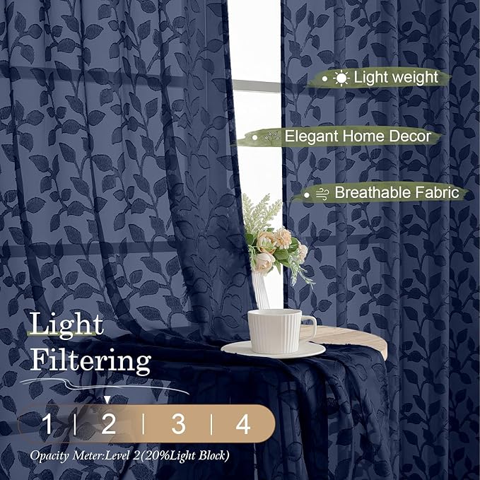 Chyhomenyc Navy Blue Sheer Curtains 30 Inch Length, Light Filtering Leaf Tufted - Image 2