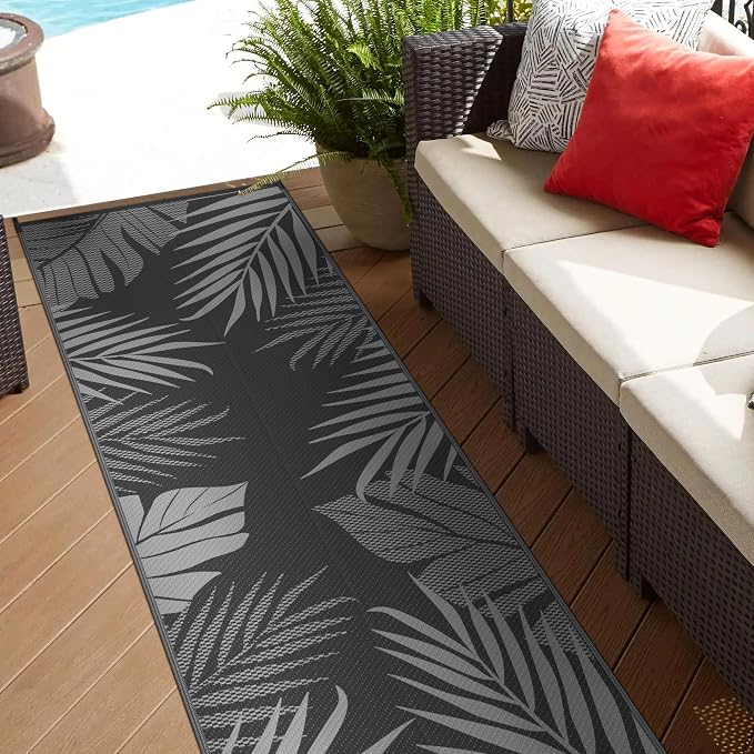 GENIMO Outdoor Rug, Waterproof Plastic Runner Rugs, 2.5'x8' Black Grey | Outside Leaf Carpet Mat for Patio Decor, Porch, Deck, Balcony, Camping, RV, Picnic, Beach, Reversible, Foldable, Lightweight