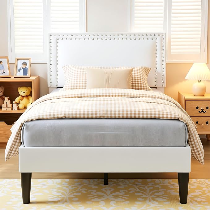 VECELO Twin Size Platform Bed Frame with Height Adjustable Upholstered Headboard, Modern Mattress Foundation,Strong Wood Slat Support, No Box Spring Needed, Easy Assembly,White