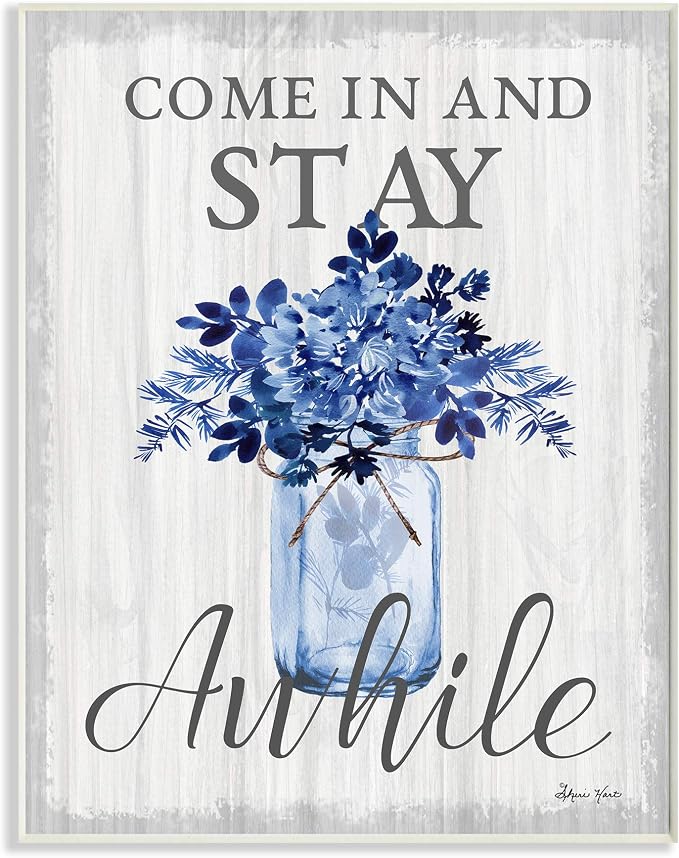 Stupell Industries Stay Awhile Blue Flower Jar Grey Word Design Wall Plaque, Multi-Color